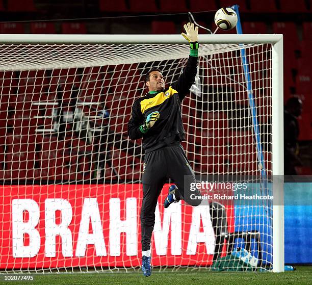 Goalkeeper Julio Cesar in action during the Brazil training session at Ellis Park on June 14, 2010 in Johannesburg, South Africa. Brazil will play...