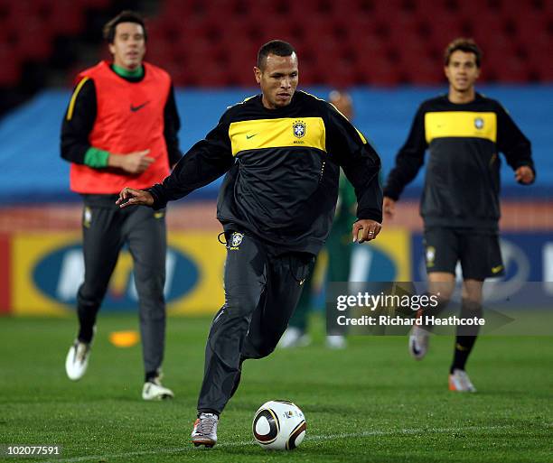 Luis Fabiano in action during the Brazil training session at Ellis Park on June 14, 2010 in Johannesburg, South Africa. Brazil will play their...