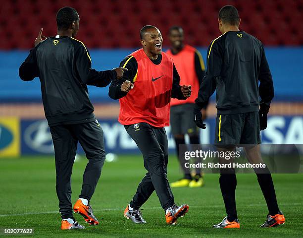 Julio Baptista in action during the Brazil training session at Ellis Park on June 14, 2010 in Johannesburg, South Africa. Brazil will play their...