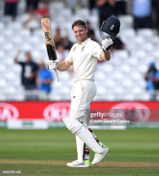 Jos Buttler of England celebrates reaching his century during day four of the Specsavers 3rd Test match between England and India at Trent Bridge on...