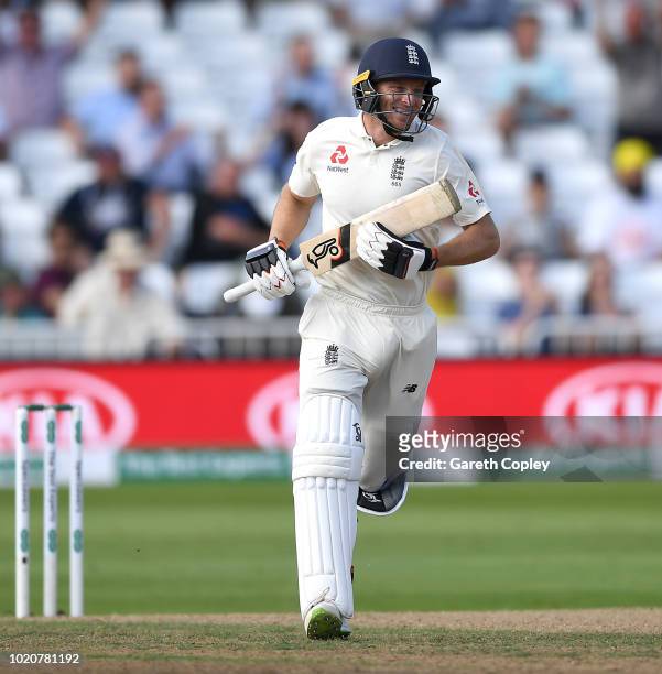 Jos Buttler of England celebrates reaching his century during day four of the Specsavers 3rd Test match between England and India at Trent Bridge on...