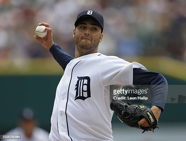 Armando Galarraga of the Detroit Tigers pitches in the third inning against the Pittsburgh Pirates during the game on June 13, 2010 at Comerica Park...