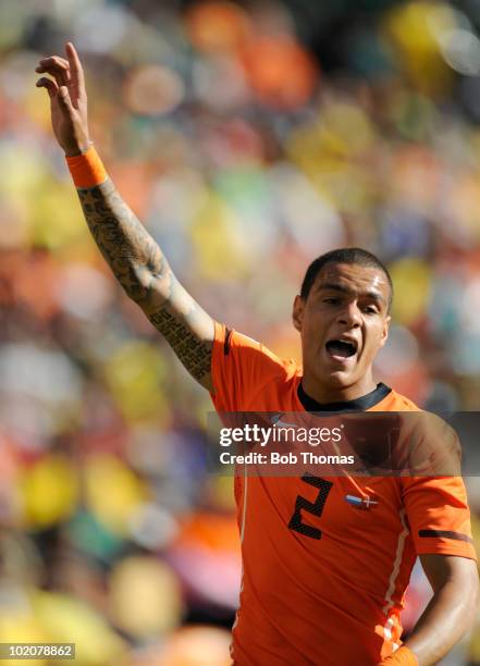 Gregory Van Der Wiel of the Netherlands during the 2010 FIFA World Cup Group E match between Netherlands and Denmark at Soccer City Stadium on June...