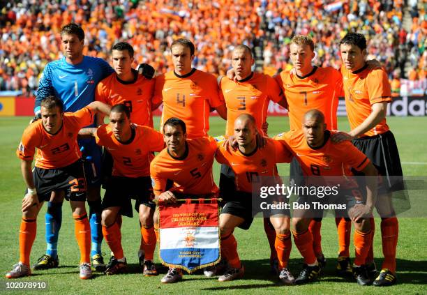 The Netherlands team group before the 2010 FIFA World Cup Group E match between Netherlands and Denmark at Soccer City Stadium on June 14, 2010 in...