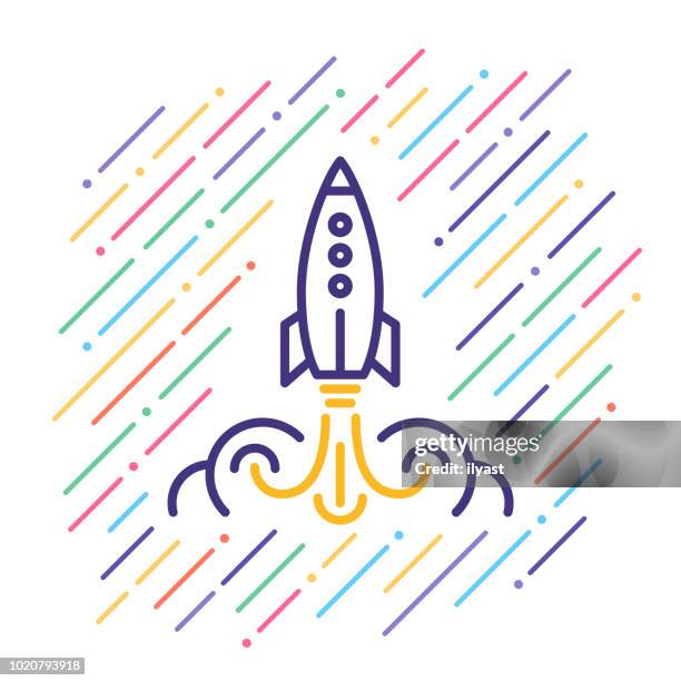 rakete produkteinführung liniensymbol - launchparty stock-grafiken, -clipart, -cartoons und -symbole