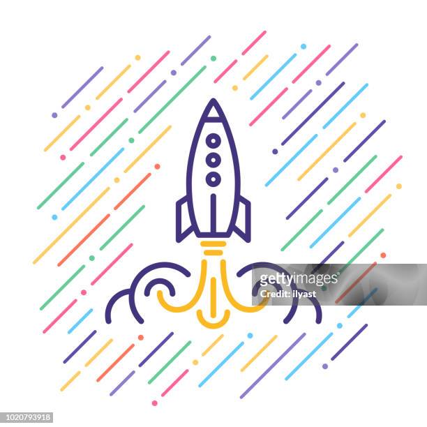 illustrazioni stock, clip art, cartoni animati e icone di tendenza di icona linea lancio razzo - festa per il lancio pubblicitario