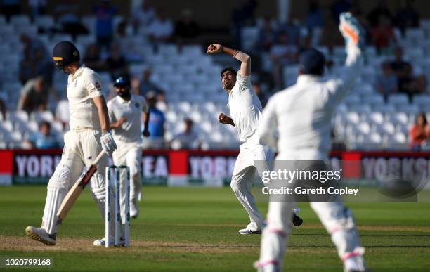 Jasprit Bumrah of India celebrates dismissing Chris Woakes of England during day four of the Specsavers 3rd Test match between England and India at...
