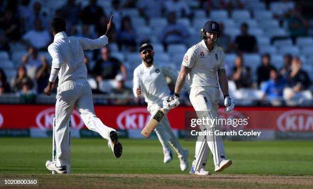 Ben Stokes of England is dismissed by Hardik Pandya of India during day four of the Specsavers 3rd Test match between England and India at Trent...