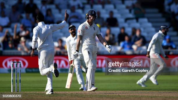 Ben Stokes of England is dismissed by Hardik Pandya of India during day four of the Specsavers 3rd Test match between England and India at Trent...