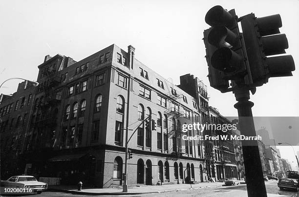 View looking southwest across the intersection of West Broadway and Prince Street, New York, New York, October 9, 1969.