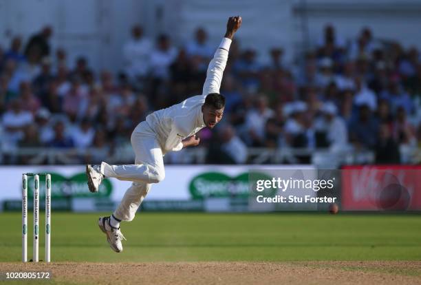 India bowler Hardik Pandya in action during day four of the 3rd Specsavers Test Match between England and India at Trent Bridge on August 21, 2018 in...