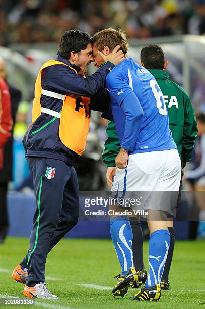 Daniele De Rossi of Italy celebrates scoring his team's first goal with team mate Gennaro Gattuso during the 2010 FIFA World Cup South Africa Group F...