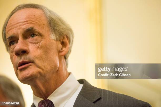 Sen. Tom Carper speaks during a news conference on President Donald Trump's Clean Energy Plan replacement on Capitol Hill on August 21, 2018 in...