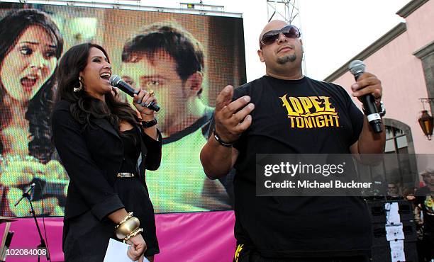 Singer Jazmin Lopez speaks onstage during the T-Mobile World Cup Viewing Party at Plaza Mexico on June 11 at Plaza Mexico in Lynwood, CA.