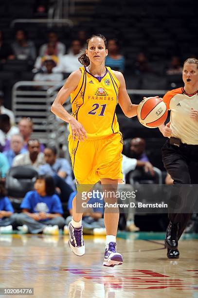 Ticha Penicheiro of the Los Angeles Sparks dribbles against the Atlanta Dream during the game at Staples Center on May 30, 2010 in Los Angeles,...