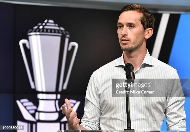 Ben Kennedy, general manager of the NASCAR Camping World Truck Series, gives opening remarks at the press conference during the Production Media Day...