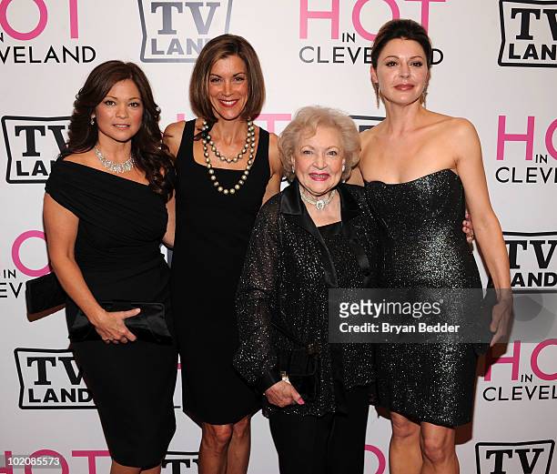 Actors Valerie Bertinelli, Wendie Malick, Betty White and Jane Leeves attend the "Hot in Cleveland" premiere at the Crosby Street Hotel on June 14,...