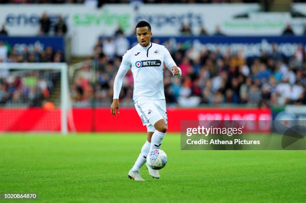 Martin Olsson of Swansea City controls the ball during the Sky Bet Championship match between Swansea City and Leeds United at the Liberty Stadium on...