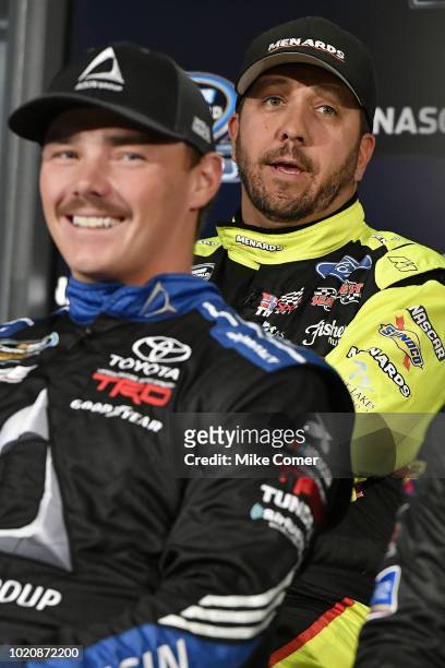 Matt Crafton answers questions from the media assembled for the NASCAR Camping World Truck Series Production Media Day at FOX Sports Studios on...