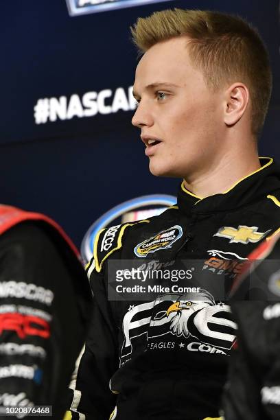 Justin Haley answers questions from the media assembled for the NASCAR Camping World Truck Series Production Media Day at FOX Sports Studios on...