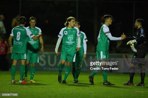 Bentleigh celebrate the win over Broadmeadow during the FFA Cup round of 16 match between Broadmeadow Magic and Bentleigh Greens at Magic Park on...