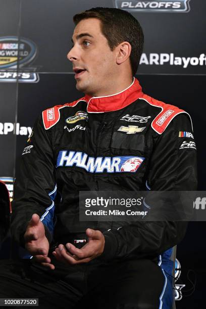 Stewart Friesen answers questions from the media assembled for the NASCAR Camping World Truck Series Production Media Day at FOX Sports Studios on...