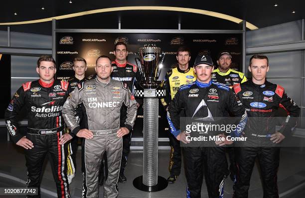 The playoffs contenders for the NASCAR Camping World Truck Series, front row L-R: Noah Gragson, Johnny Sauter, Brett Moffitt, Ben Rhodes and back row...