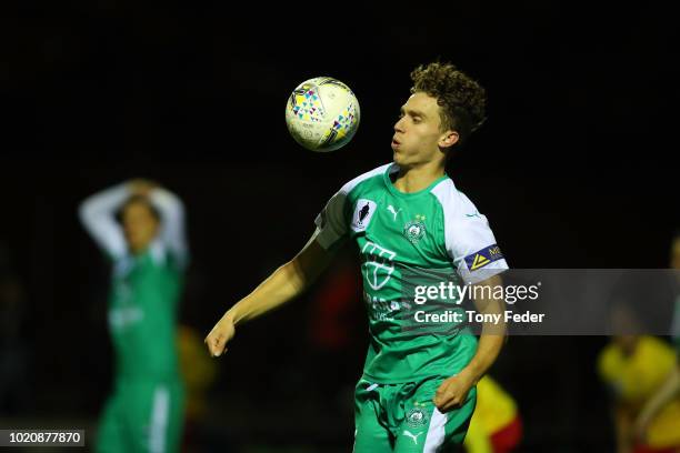 Joshua Meaker of Bentleigh controls the ball during the FFA Cup round of 16 match between Broadmeadow Magic and Bentleigh Greens at Magic Park on...