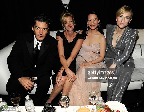 Antonio Banderas, Melanie Griffith, Lucy Liu and Cate Blanchett in the green room at the 64th Annual Tony Awards at Radio City Music Hall on June 13,...
