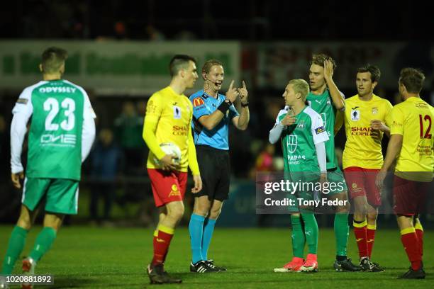 The referee during the FFA Cup round of 16 match between Broadmeadow Magic and Bentleigh Greens at Magic Park on August 21, 2018 in Newcastle,...