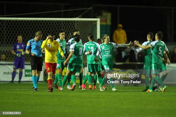 Bentleigh players celebrate a goal during the FFA Cup round of 16 match between Broadmeadow Magic and Bentleigh Greens at Magic Park on August 21,...
