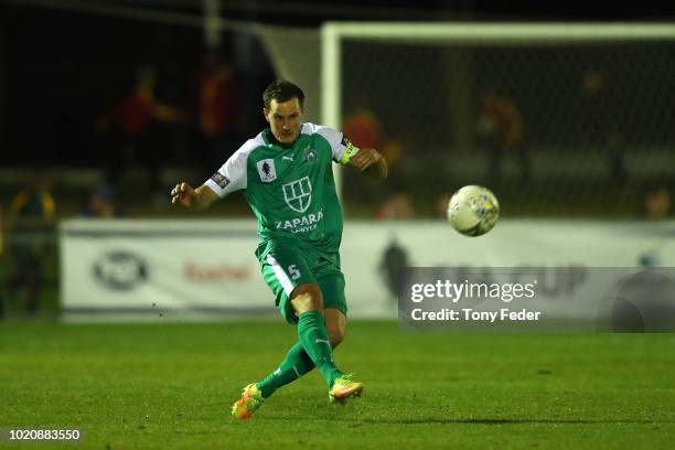 Jack Webster of Bentleigh kicks the ball during the FFA Cup round of 16 match between Broadmeadow Magic and Bentleigh Greens at Magic Park on August...