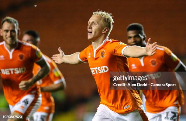 Blackpool's Mark Cullen celebrates scoring the opening goal during the Sky Bet League One match between Blackpool and Coventry City at Bloomfield...