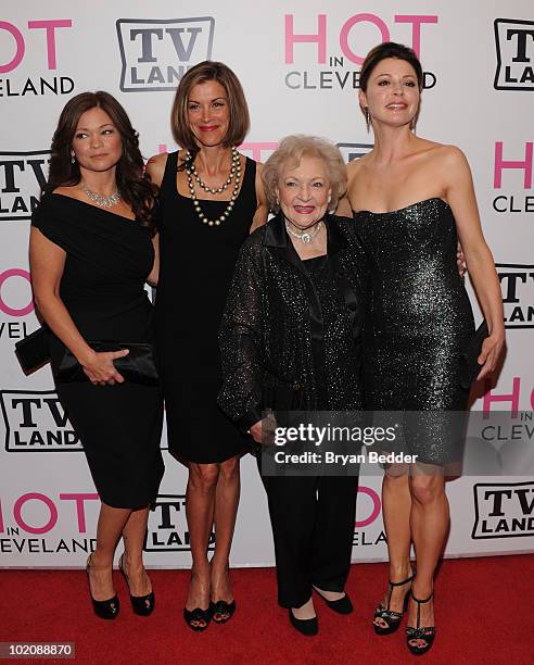 Actors Valerie Bertinelli, Wendie Malick, Betty White and Jane Leeves attend the "Hot in Cleveland" premiere at the Crosby Street Hotel on June 14,...