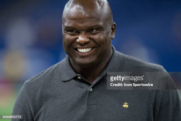 Analyst Booger McFarland on the field before the NFL preseason game between the Indianapolis Colts and Baltimore Ravens on August 20 at Lucas Oil...