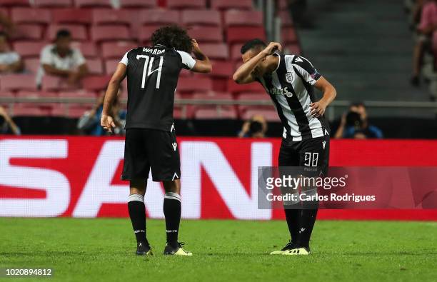 Amr Warda of PAOK celebrates scoring PAOK goal with Leo Jaba of PAOK during the match between SL Benfica and PAOK for the UEFA Champions League Play...