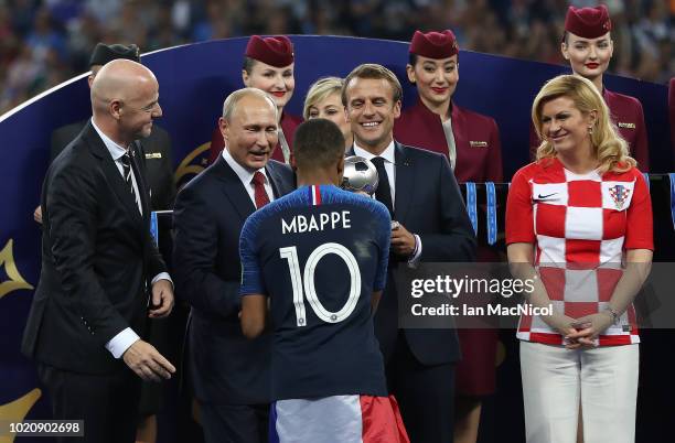 Gianni Infantino, Russia president Vladimir Putin Emmanuel Macron and Croatia president Kolinda Grabar-Kitarovic are seen as Kylian Mbappe of France...