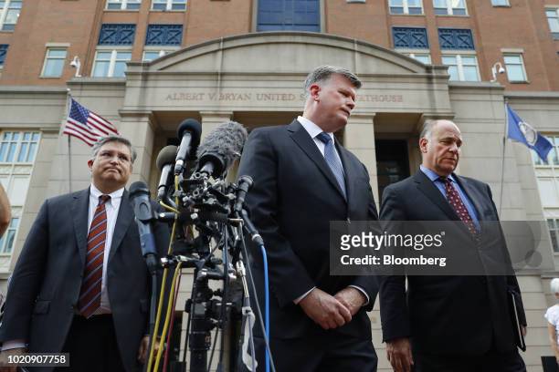 Kevin Downing, lead lawyer for former Donald Trump Campaign Manager Paul Manafort, center, Richard Westling, co-counsel for Manafort, left, and...