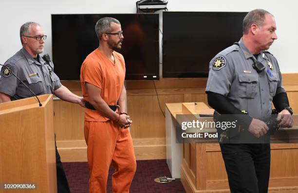 Christopher Watts is in court for his arraignment hearing at the Weld County Courthouse on August 21, 2018 in Greeley, Colorado. Watts faces nine...