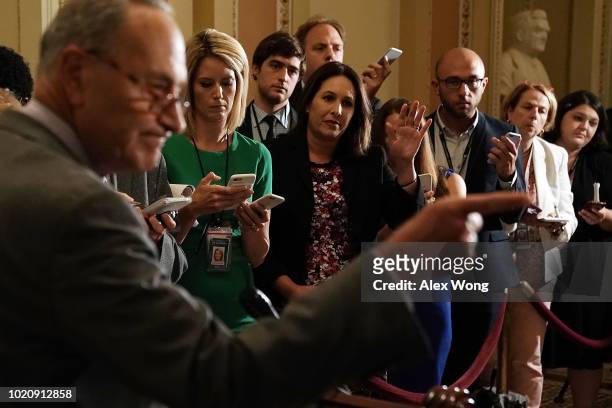 Senate Minority Leader Sen. Chuck Schumer speaks to members of the media after his meeting with Supreme Court Nominee Brett Kavanaugh August 21, 2018...
