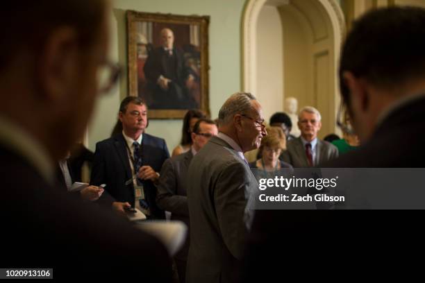 Senate Minority Leader Chuck Schumer speaks to members of the press after meeting with Supreme Court Nominee Brett Kavanaugh on Capitol Hill on...