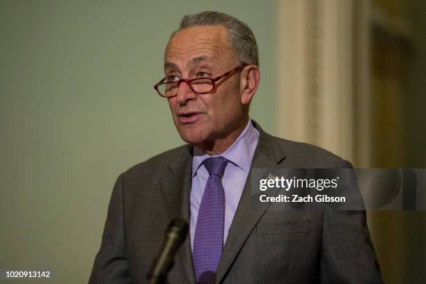 Senate Minority Leader Chuck Schumer speaks to members of the press after meeting with Supreme Court Nominee Brett Kavanaugh on Capitol Hill on...