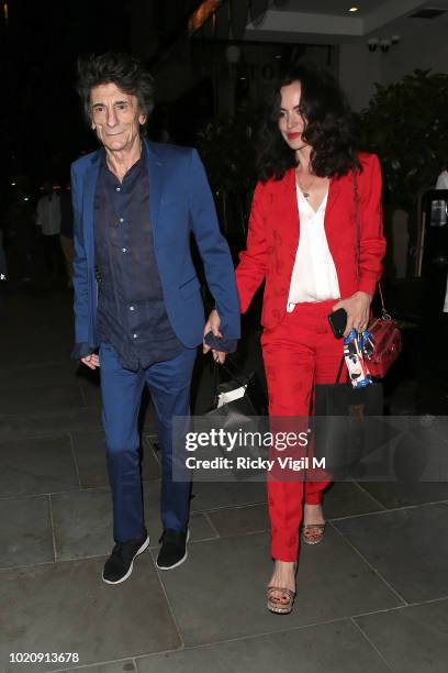 Ronnie Wood and Sally Humphreys seen on a night out at Scott's restaurant celebrating son Tyrone's birthday on August 21, 2018 in London, England.