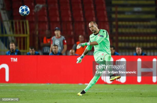 Goalkeeper Milan Borjan of Crvena Zvezda in action during the UEFA Champions League Play Off First Leg match between FK Crvema Zvezda and FC Red Bull...