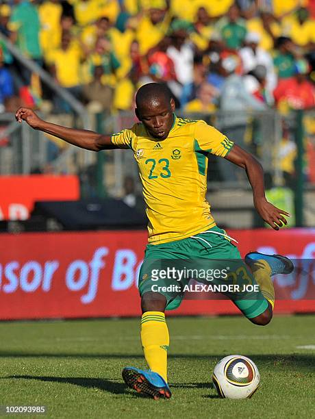 South African national football team midfielder Thanduyise Khuboni kicks the ball during a friendly match against Denmark at Super Stadium in...