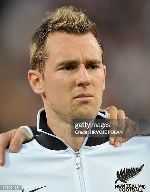 New Zealand's national football team player Shane Smeltz listens to the national anthem before a friendly match against Slovenia in Maribor, some 150...