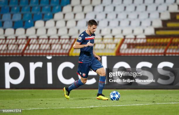 Milos Degenek of Crvena Zvezda in action during the UEFA Champions League Play Off First Leg match between FK Crvema Zvezda and FC Red Bull Salzburg...