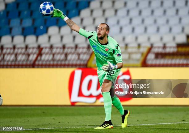 Goalkeeper Milan Borjan of Crvena Zvezda in action during the UEFA Champions League Play Off First Leg match between FK Crvema Zvezda and FC Red Bull...