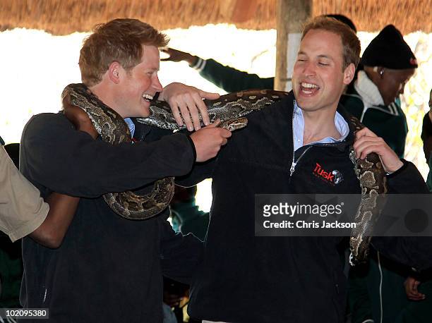 Prince Harry and Prince William hold an African rock python during a visit to Mokolodi Education Centre on June 15, 2010 in Gaborone, Botswana. The...