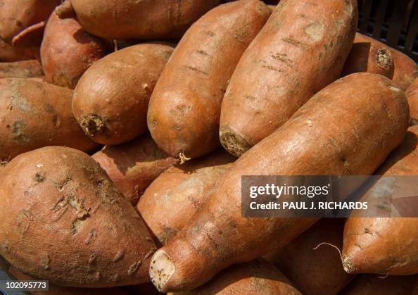 Sweet potatoes are seen for sale at a 